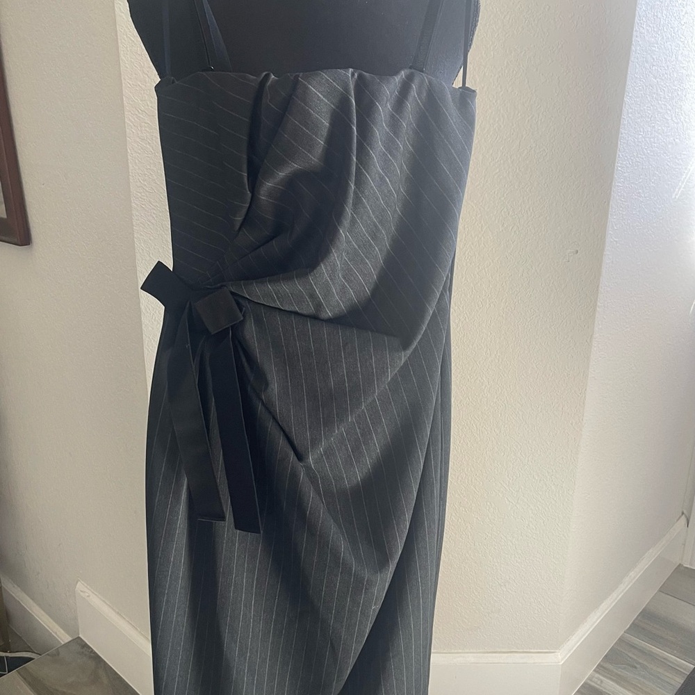 Sleeveless Black Pinstripe Wrap Dress with Tie Detail